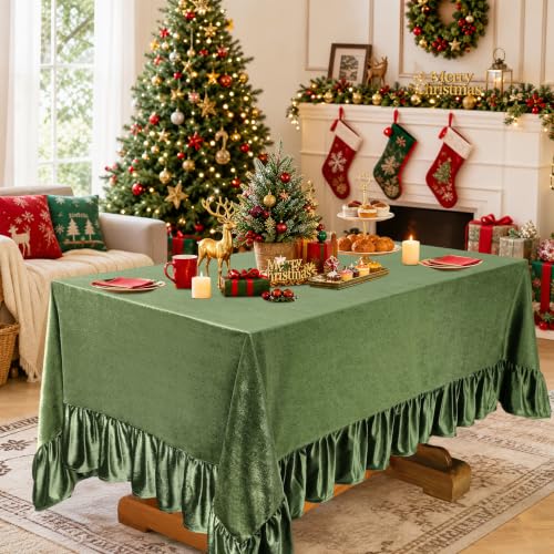 Velvet Tablecloth 60x120 Inches - Olive Green Ruffled Rectangular Holiday Decor