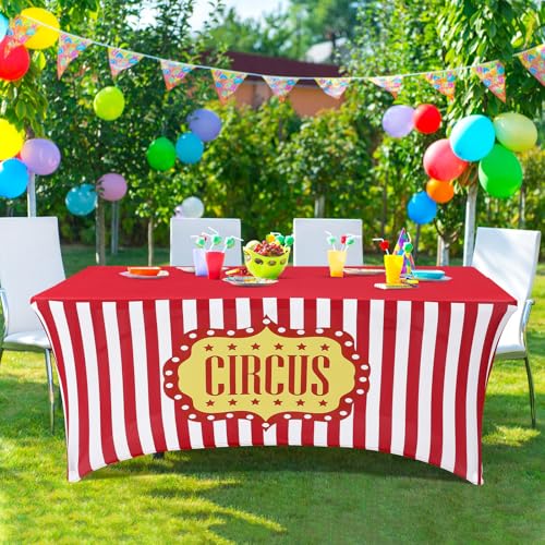 Moukeren Carnival Spandex Table Cloth - Red & White Circus 6ft