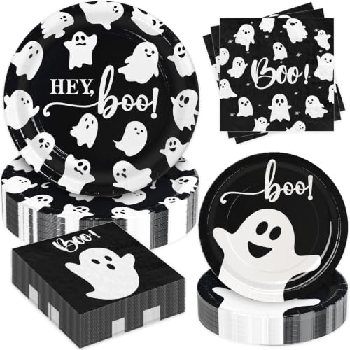 Halloween Paper Plates and Napkins Set - Ghost Design Party Supplies, 180 Pieces