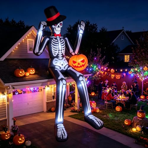 Giant Sitting Skeleton Inflatable Halloween Decoration with Pumpkin & Black Variation