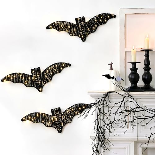 Large 3-Pack Indoor Bat Wall Decor with Lights - Spooky Halloween Decorations