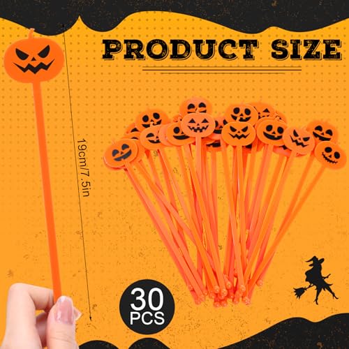 Halloween Pumpkin Drink Stirrers - Orange Swizzle Sticks, 30 Pack