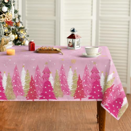 Horaldaily Pink Tree Border Christmas Tablecloth 60x120 Inch Rectangular Washable Seasonal Table Cover - Light Pink Variation