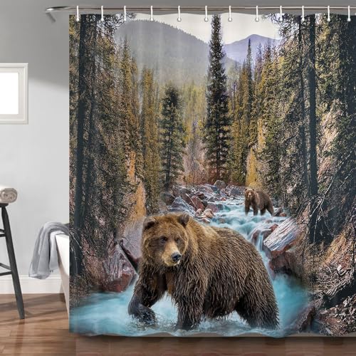 Forest Bear Shower Curtain 69x78 Inches - Misty Mountains Wildlife Bathroom Decor