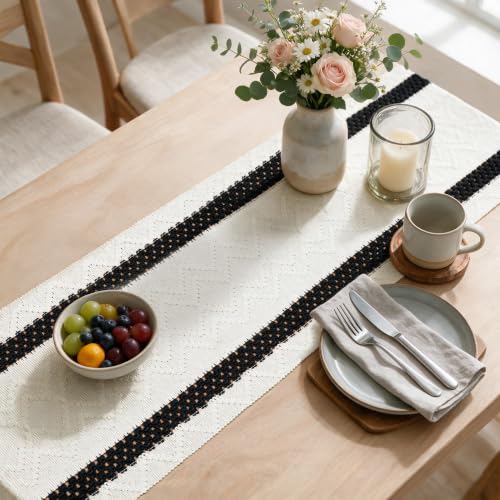 Artoid Mode Black Stripe Woven Rustic Table Runner 12x36 Inch - Durable Home Decor