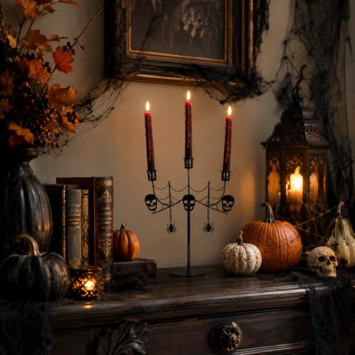 Halloween Skull Candle Holder - Gothic 3-Arm Black Metal Taper Candlestick for Indoor Decor