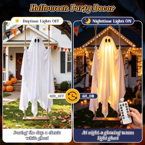 Outdoor Hanging Ghost Decor - 4.3FT Spooky Swing Ghost with LED Lights
