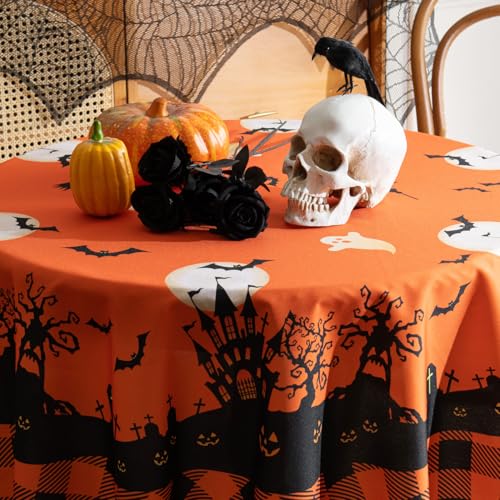 Halloween Tablecloth 60 Inch Round Castle Ghost Decor Orange Fabric