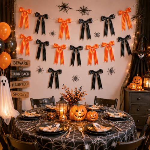 Halloween Bow Garland Banner with Black & Orange Satin Bows - 2 Strands, 16 Large Movable Bows, 13ft Decor