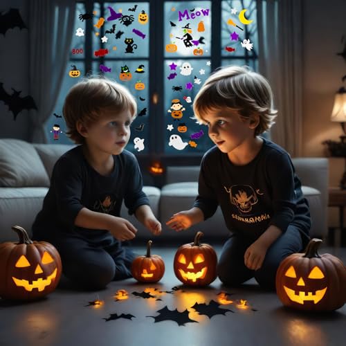Halloween Window Gel Clings Set - Witch & Black Cat Decorations for Glass