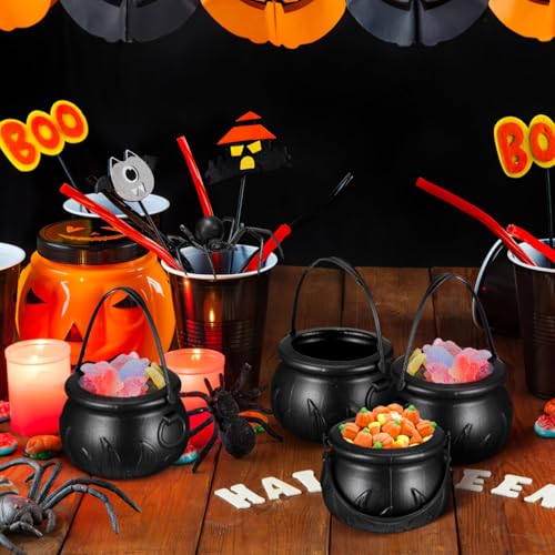 Halloween Cauldron Candy Holder Set - Mini Plastic Witch Kettles for Party Decoration
