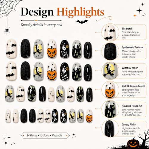 Halloween Press On Nails Witch Pumpkin Skull Oval Fake Nails - White Ash Orange, 24 Pcs