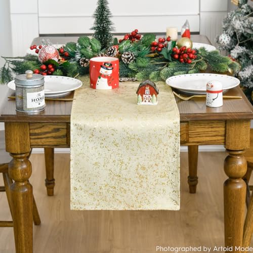 Beige Fleece Table Runner 13x60 Inch Holiday Kitchen Decor Glitter Metallic