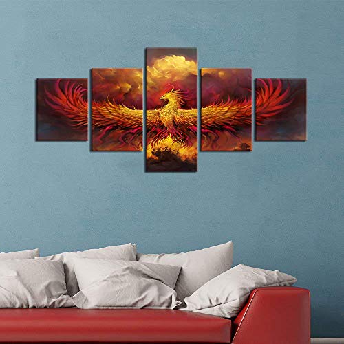 Fire Phoenix Wall Art Canvas - 50x24 Inch Stretched Ready to Hang - Heraldic Style Wall Decor - Variation of Artwork-01