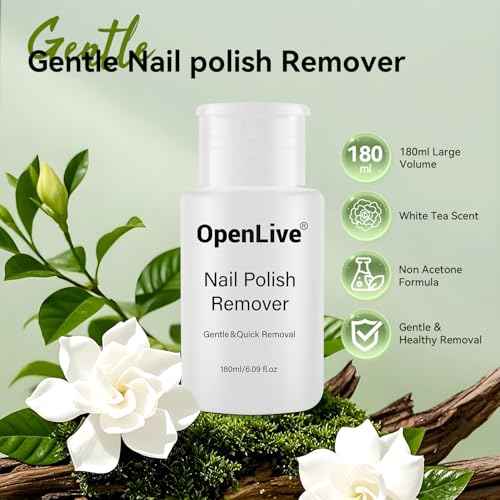 OpenLive White Tea Scent Nail Polish Remover 180ml Non-Acetone Easy Pump, Gentle & Fragrant