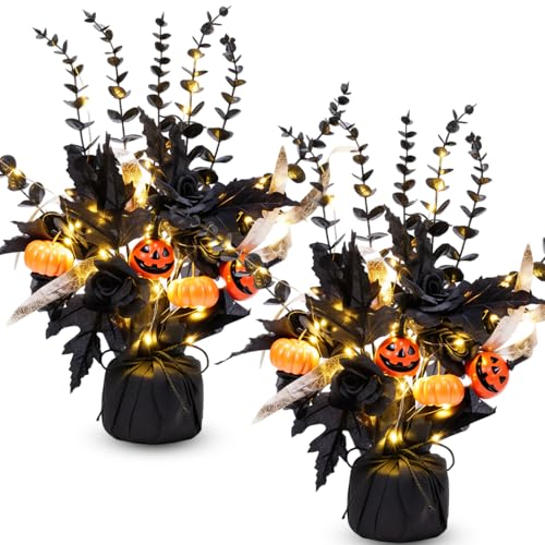 Halloween Centerpiece Set with LED Lights - Black Roses, Pumpkin Flowers, Eucalyptus, 16-Inch Decor