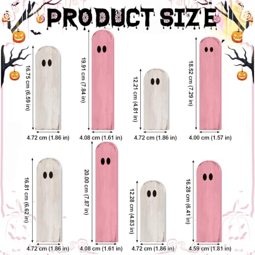 Halloween Wooden Ghost Figurines Set - Freestanding 8 Pcs, White & Pink, Rustic Farmhouse Decor