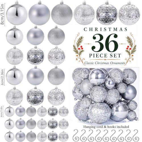 Silver Christmas Ball Ornaments Set - 36 Shatterproof Holiday Decorations, Variation: Silver