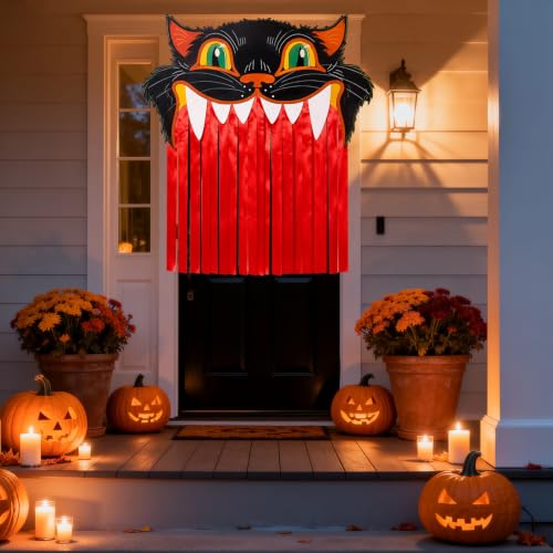 Halloween Black Cat Door Curtain with Fringe - Spooky Carnival Entry Decor