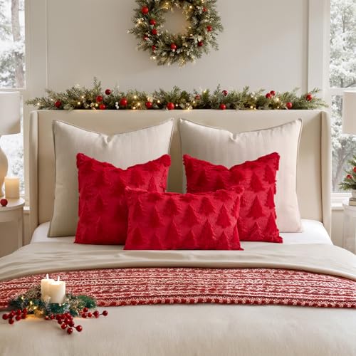 22x22 Holiday Christmas Throw Pillow Covers Set of 2 - Red Tree Design Soft Plush Faux Wool Winter Home Decor