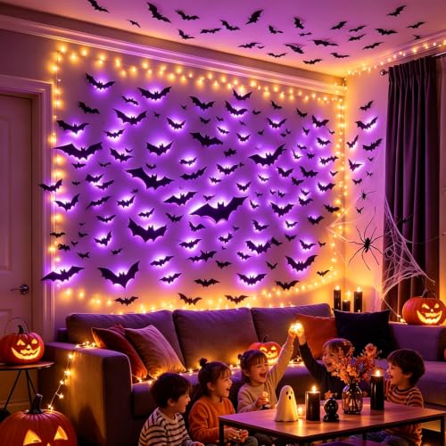 38 Pcs LED Halloween Bat Wall Decor Set - 3D Indoor Outdoor Decorations