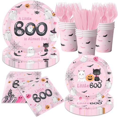 Pink Halloween Baby Shower Dinnerware Set - Plates Napkins Cups for Girl Party, 144pcs