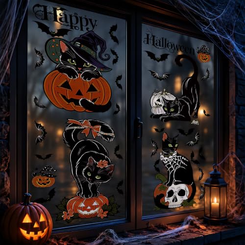 Halloween Window Clings - Black Cat Pumpkin Glass Decoration, Static Reusable