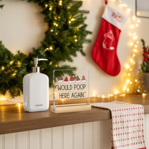 Would Poop Here Again Christmas Bathroom Decor Funny Sign Santa Hat Acrylic