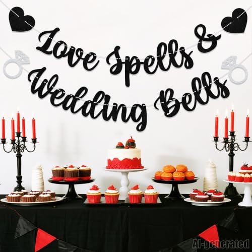 Halloween Wedding Banner Love Spells & Wedding Bells Party Decor Black Silver