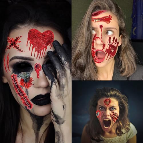 Halloween Zombie Temporary Tattoos Set - Fake Scars Wounds Blood Stickers for Face & Body, 30 Sheets
