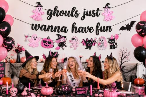Ghouls Just Wanna Have Fun Halloween Banner - Pink & Black Spooky Party Decoration - Variation of Ghouls