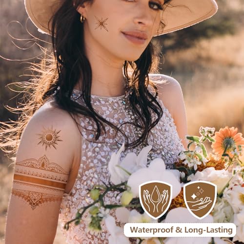Gold Temporary Tattoos Set - 9 Sheets, 110+ Metallic Designs Waterproof Body Art