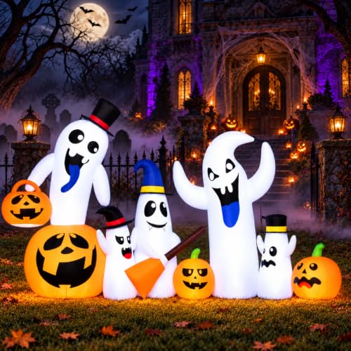 Halloween Inflatable Ghost Family with Pumpkin - 9.5 FT Outdoor Decorations - Ghost Pumpkin Family Variation
