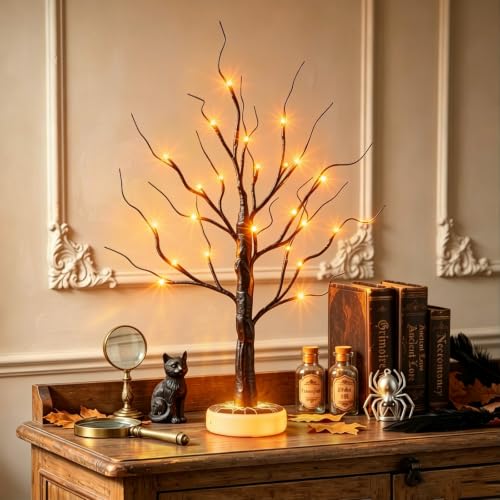 Green & Orange Halloween Spooky Tree Lighted Decor with 3D Spider Base