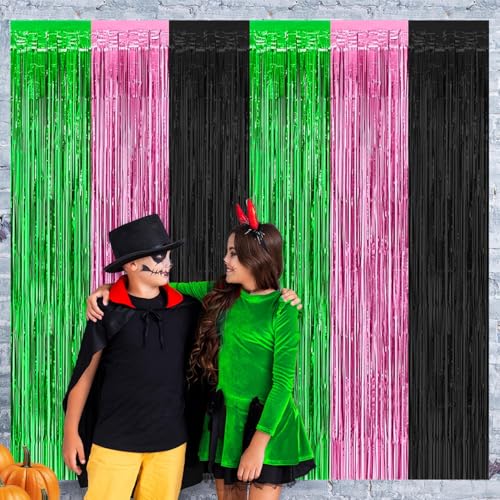 Pink Green Black Foil Fringe Curtains - 2 Pack for Birthday & Witch Theme Parties