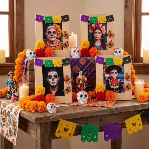 Cute Día de los Muertos Photo Frame Set for Altar - 12 Wooden Frames with Marigold Flowers & Butterflies