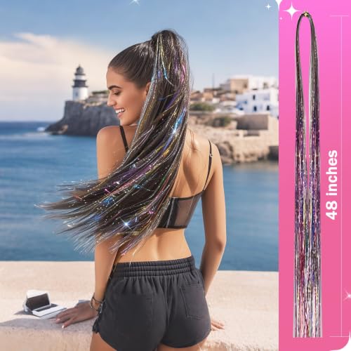 Rainbow Hair Tinsel Extensions Kit for Women & Kids - Glitter Sparkly Strands with Tools & Beads