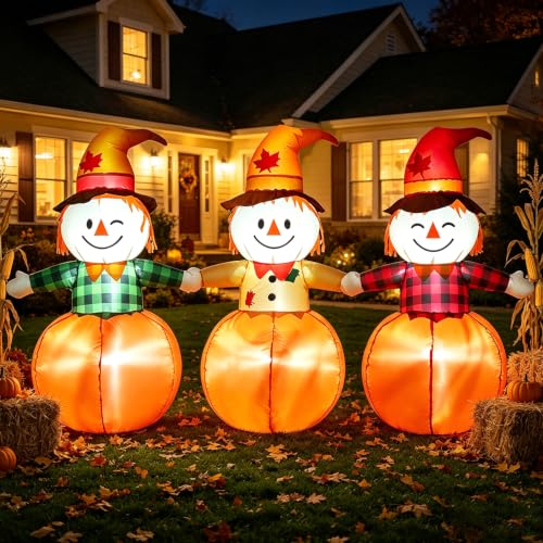 3-Piece Inflatable Outdoor Scarecrow & Pumpkin Halloween Yard Decoration with Lights - Fall Lawn Decor