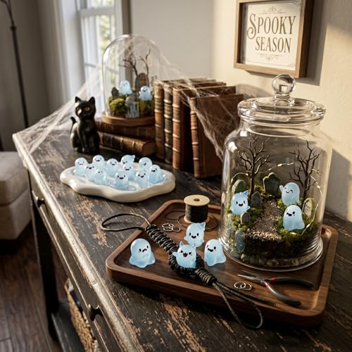 Mini Luminous Ghost Resin Figurines Set - 6 Styles Halloween Decor, Spooky Cute Night Glow, 12 Pieces