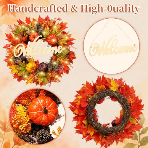 24-Inch Fall Wreath with Lights & Welcome Sign - Autumn Front Door Decor