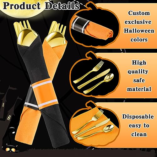 Halloween Silverware Set for 50 Guests - Black & Orange Pre-Rolled Plastic Cutlery with Napkins