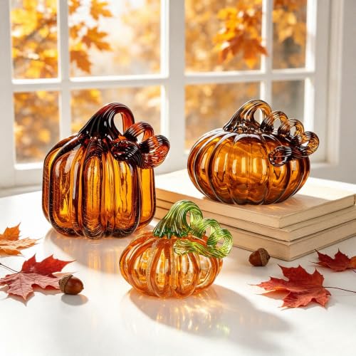Brown Glass Pumpkin Fall Decor Set - 3 Handblown Autumn Pumpkins, Halloween & Thanksgiving Centerpiece