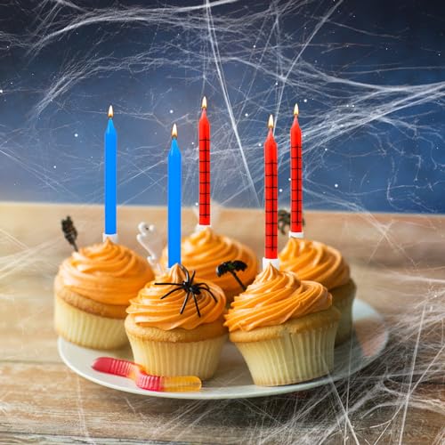 Spider Web Birthday Candles Set - 12 Red & Blue Cake Toppers for Halloween & Parties