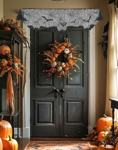 Halloween Fireplace Decor Mantle Scarf Cover Garland - Black Lace Spider Web Bat Style