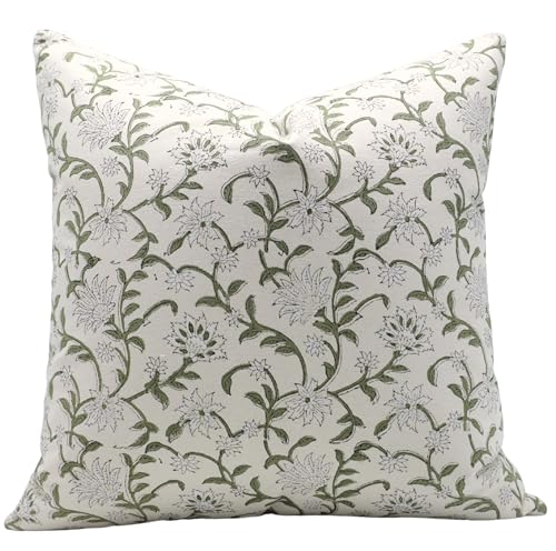 White 20x20 Cotton Block Print Throw Pillow Cover Cushion Case - Handmade, Decorative, Outdoor Friendly
