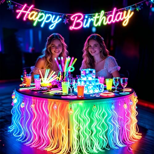 Glow in The Dark Party Table Skirts Set - 4 Pack Fluorescent Wavy Foil Fringe for Neon & Blacklight Events