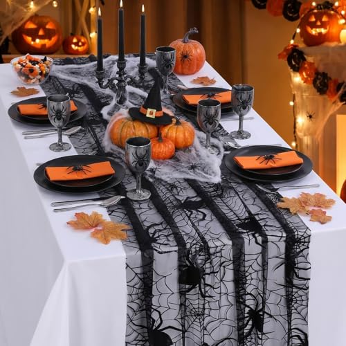 Halloween Table Runner Black Lace Spider Web Spooky Decor 29x120 - Variation of Black Spiderweb