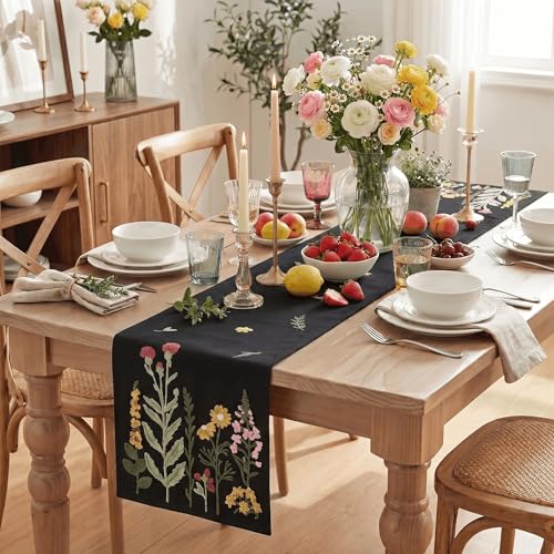 Black Floral Embroidered Table Runner - 13x72 Inch Seasonal Kitchen Decor