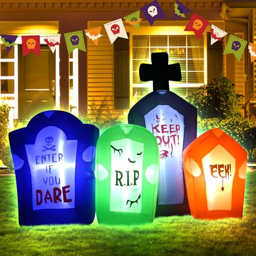 6FT Inflatable Tombstones Set with LED Lights Halloween Decor - VIKIMORA
