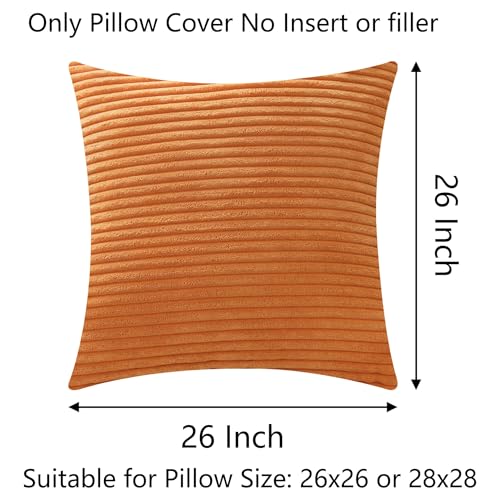 Set of 2 Orange 26x26 Inch Corduroy Throw Pillow Covers - Soft Striped Euro Shams for Sofa Couch Chair Decor